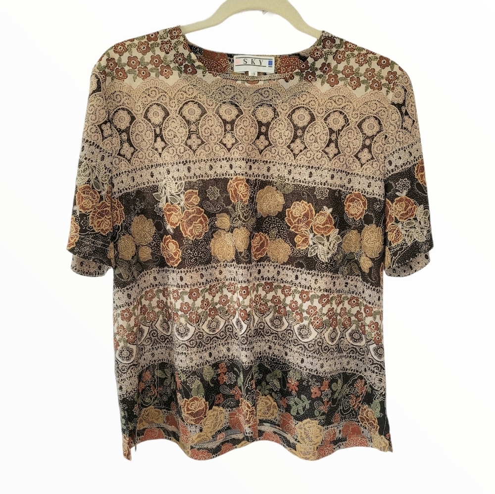 Vintage Grandma SKY 90s Floral Tan & Cream Airy Short Sleeve Top